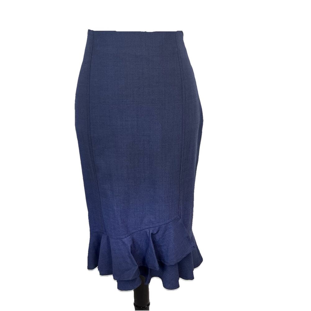 Banana Republic Skirt sz 6 Tall Navy Blue Wool Stretch Pencil Knee Ruffle Modest